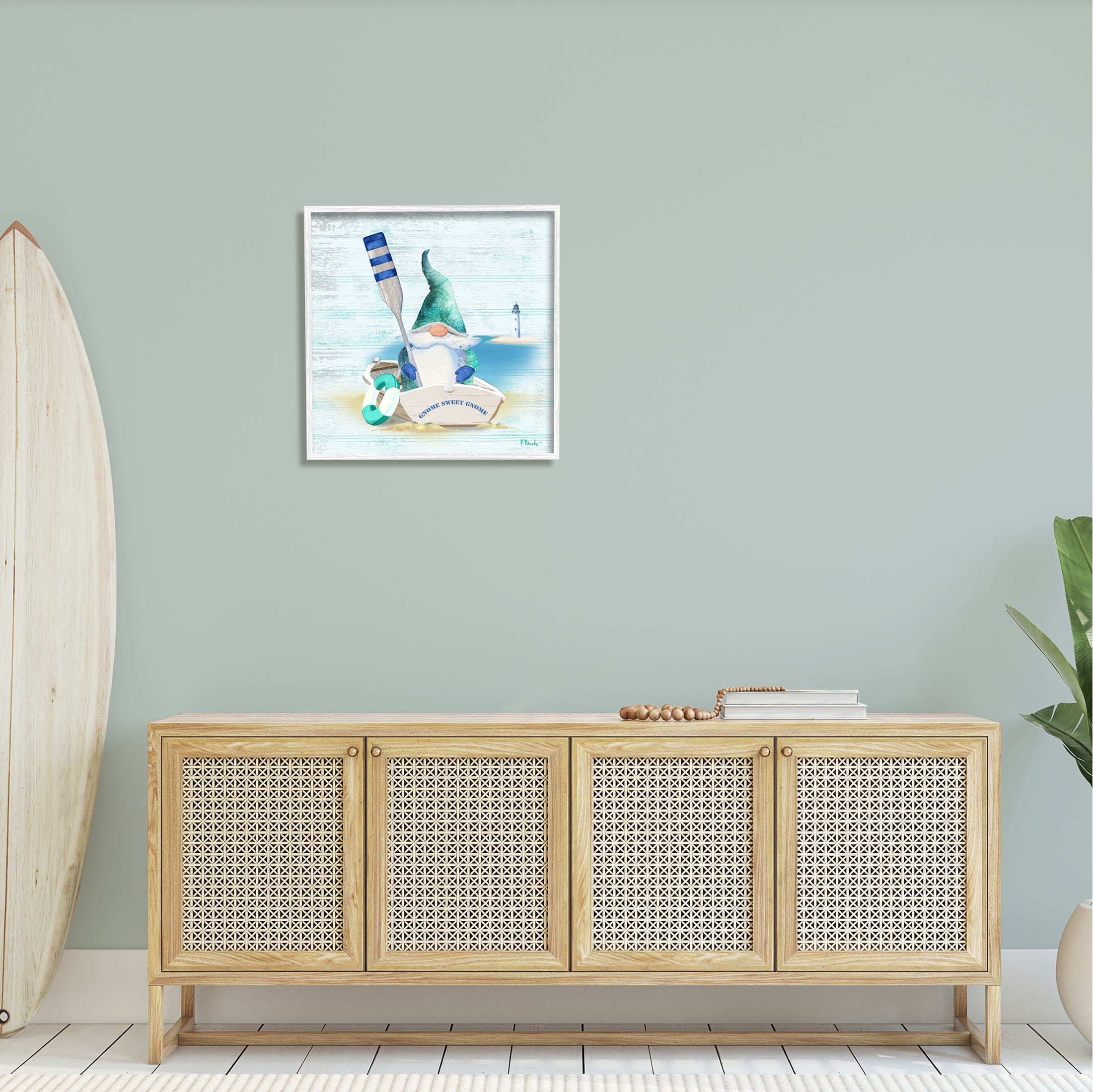 Stupell Industries Coastal Gnome Blue Row Boat Graphic Art White Framed Art Print Wall Art, Design by Paul Brent
