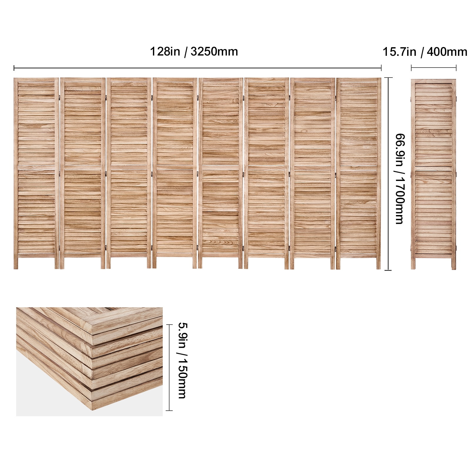 KFFKFF Wooden Partition, 8-Panel Folding Privacy Barrier, 66.9 Inches High Indoor Slatted Divider, Movable Decorative Screen, Ideal for Space Division in Homes, Offices, Restaurants & Bedrooms
