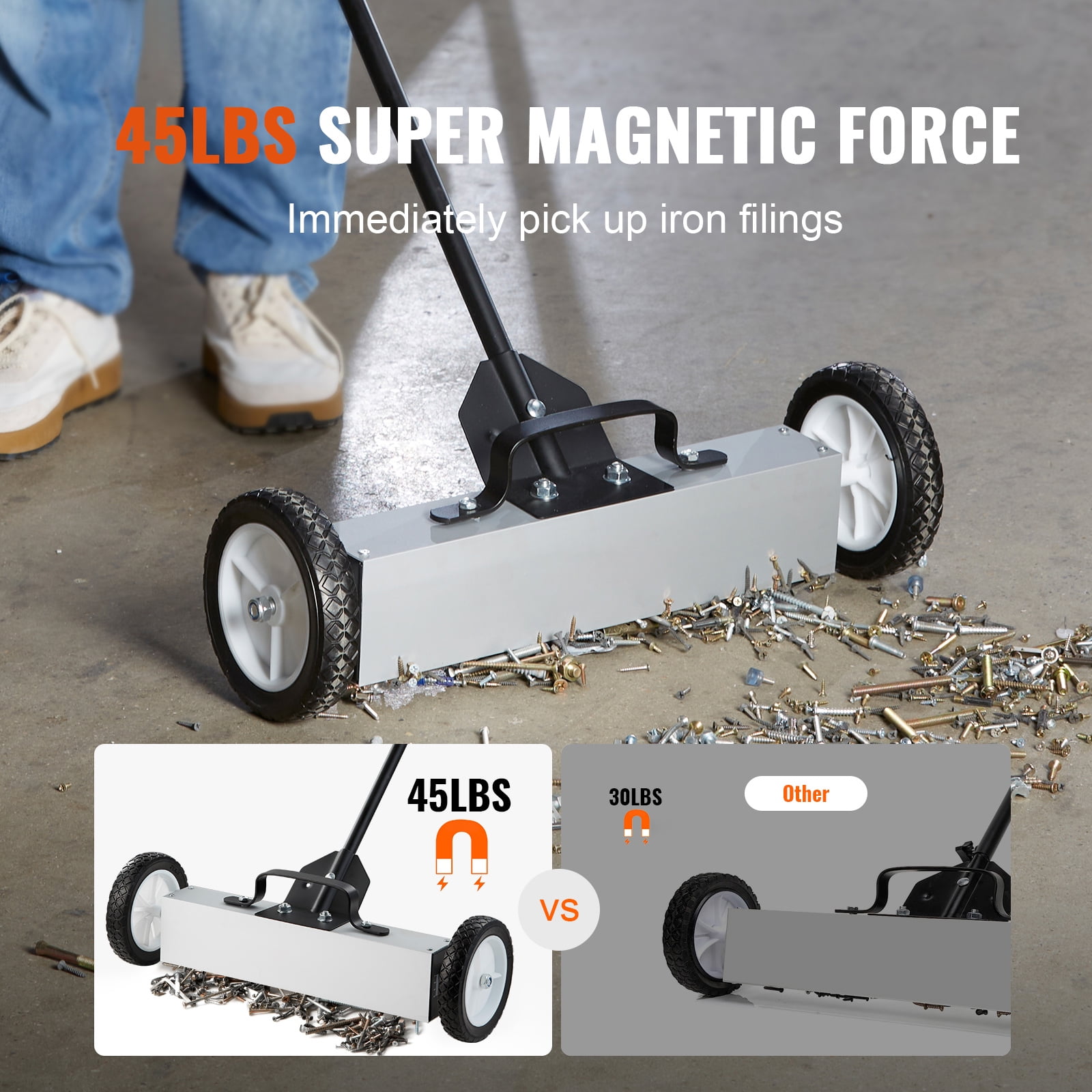 KFFKFF 45Lbs Rolling Magnetic Sweeper with Wheels, Push-Type Magnetic Pickup Tool, 18-inch Wide Magnetic Lawn Sweeper with Adjustable Handle, Ideal for Cleaning Workshop, Garage, and Yard