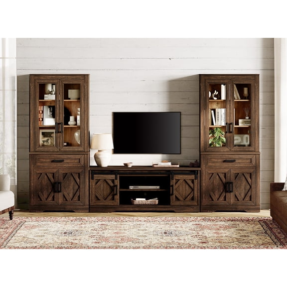 WAMPAT Farmhouse Entertainment Center with Bookshelf for TVs up to 65",Mid Century Modern TV Stand with 73"H Tall 5-Tier Bookcase with Open Storage and Barn Doors for Living Room,Espresso