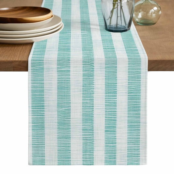 Aqua Striped Table Runner, Rustic Farmhouse Stripes Washable Cotton Linen Table Runners 60 Inches Long, Dresser Scarf Runner for Coffee/TV Stands/Kitchen/Cabinets 13''x60''
