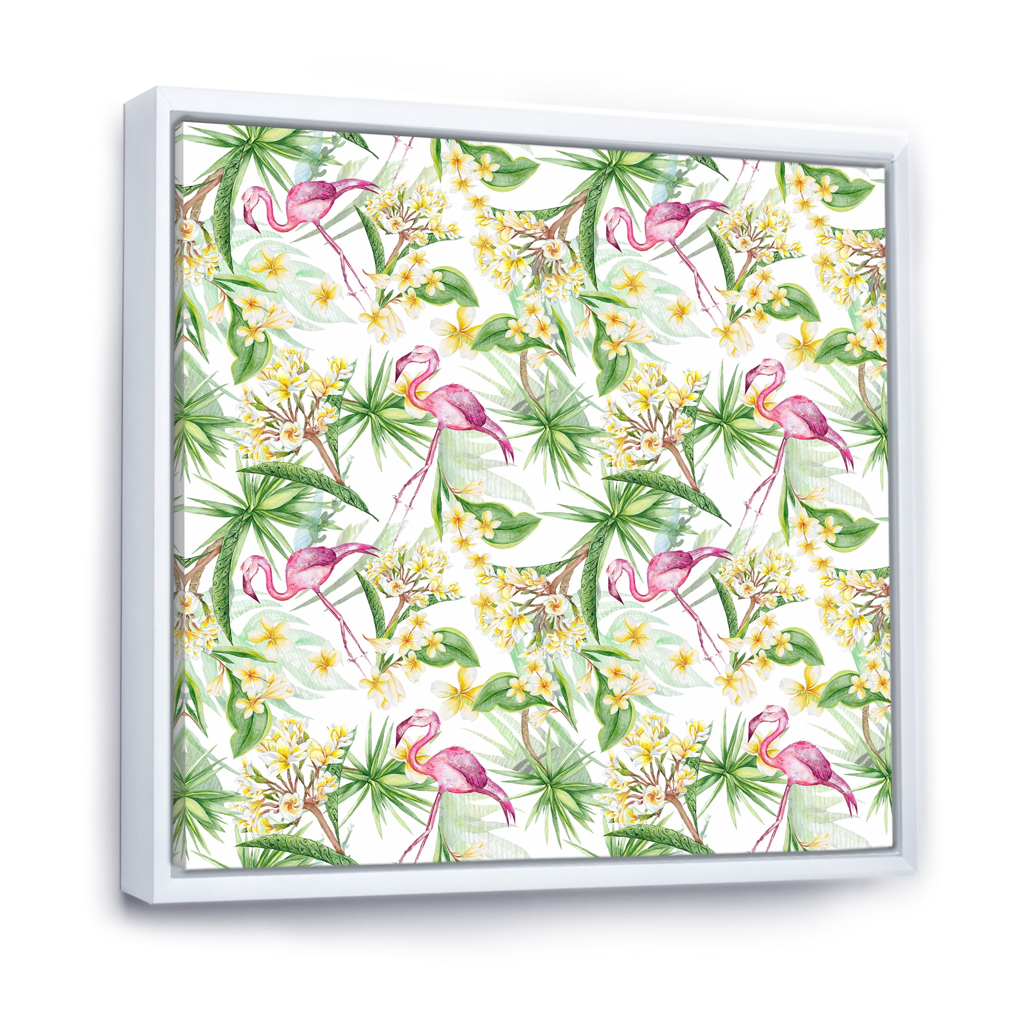 Designart 'Yellow Flowers, Tropical Foliage With Flamingo IV' Modern Framed Canvas Wall Art Print