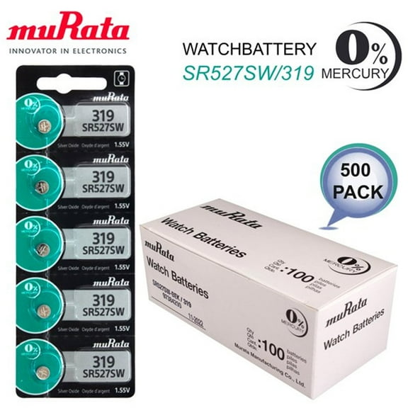 Murata 319 SR527SW SR64 Watch Battery Silver Oxide 0% Mercury Use By Date 2022, 500 Wholesale Pack