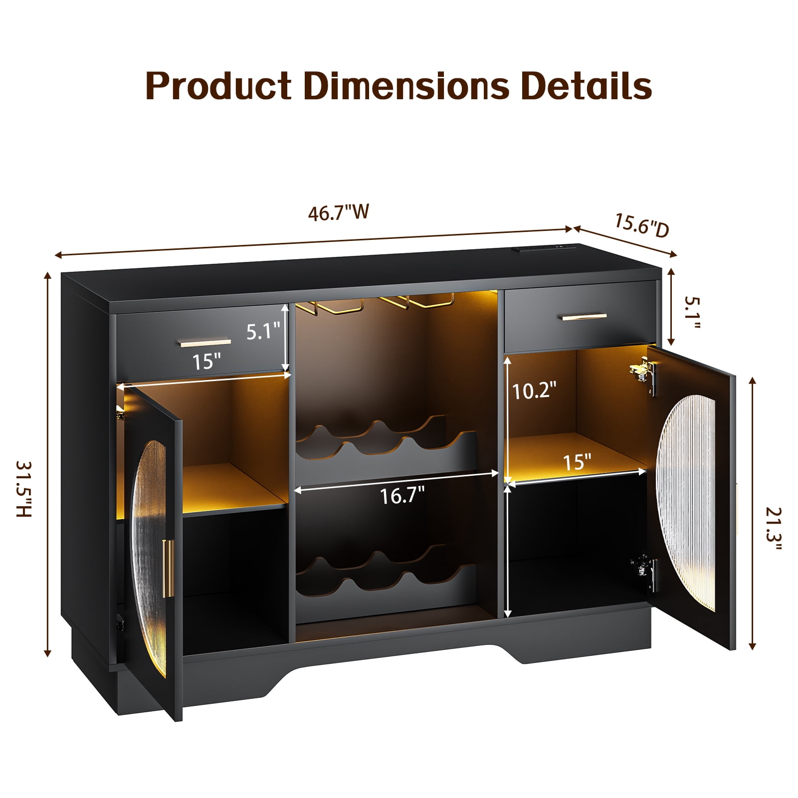 Kbun Coffee Bar Cabinet with Fridge Space, Wine Bar with LED Lights & Power Outlet, Sideboard for Home with Glass Doors, Freestanding Liquor Cabinet, Black