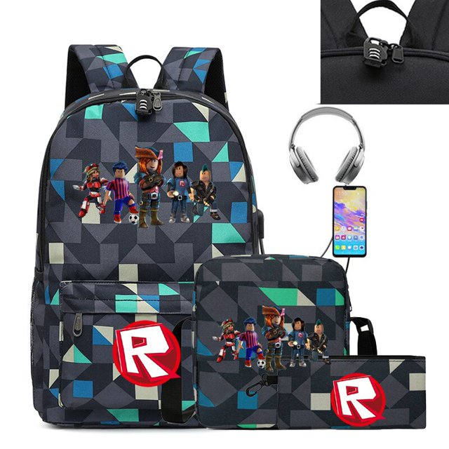 Roblox bolsa de hombro de carga USB periférica de juego de tres piezas, bolso de lápiz de un solo hombro, bolso escolar para estudiantes de escuela secundaria