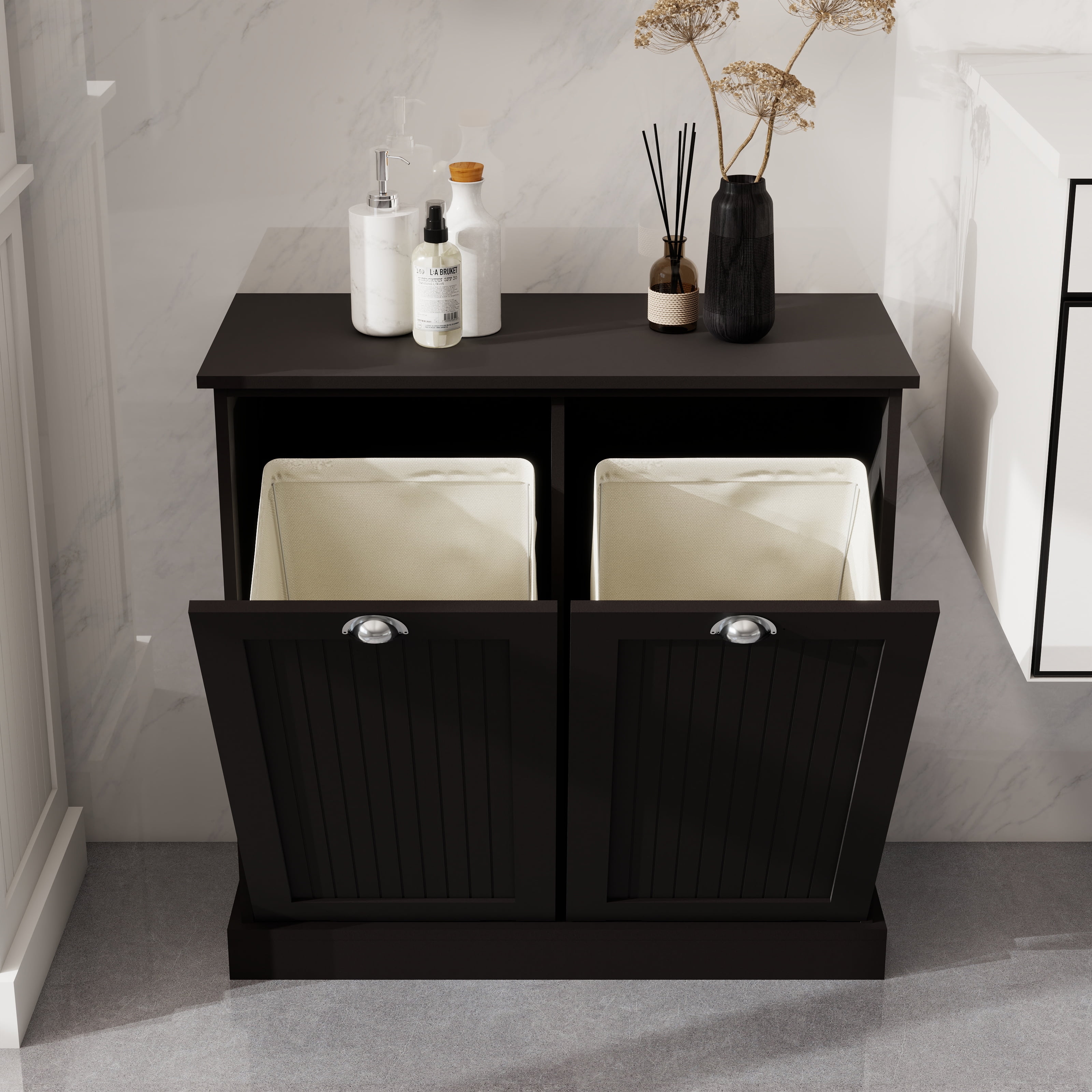 Aukfa Double Tilt Out Laundry Hamper Cabinet,Bathroom Laundry Cabinet with Basket,Black