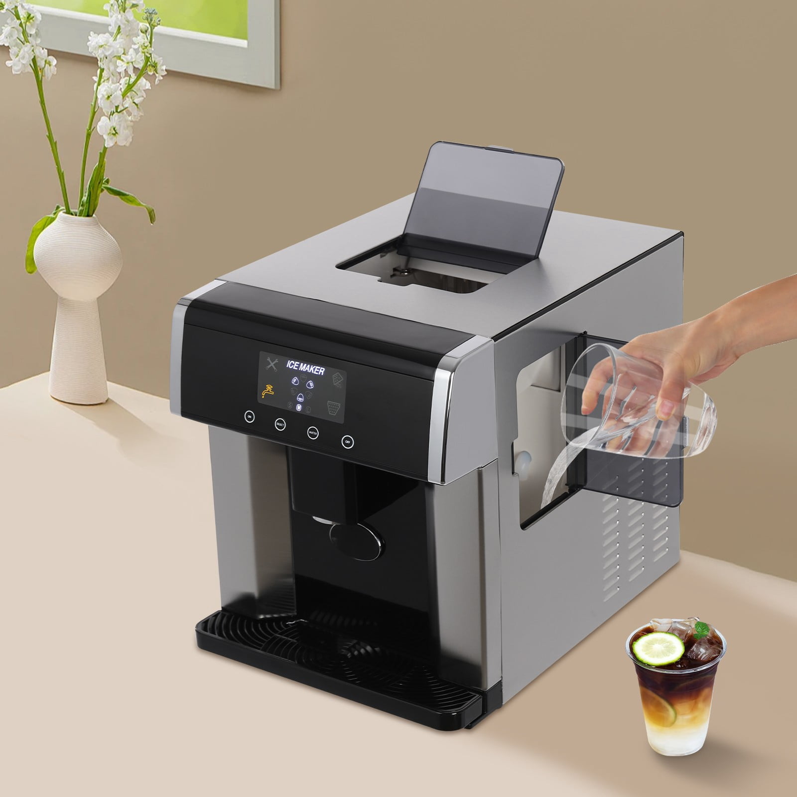 1 PCS Silver+Black Countertop Ice Maker Dispenser, 2-in-1 Ice Water Maker, Electric Ice Dispenser