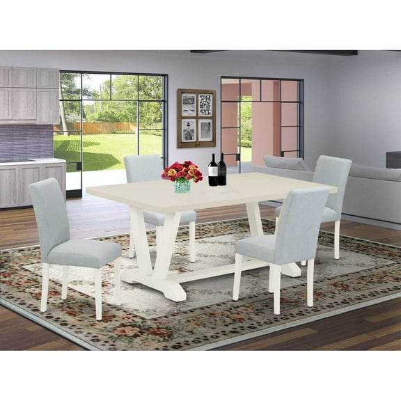 East West Furniture 5-Piece Modern Dining Table Set Includes 4 Parson dining chairs with Upholstered Seat and High Back and a Rectangular Kitchen Table - Linen White Finish