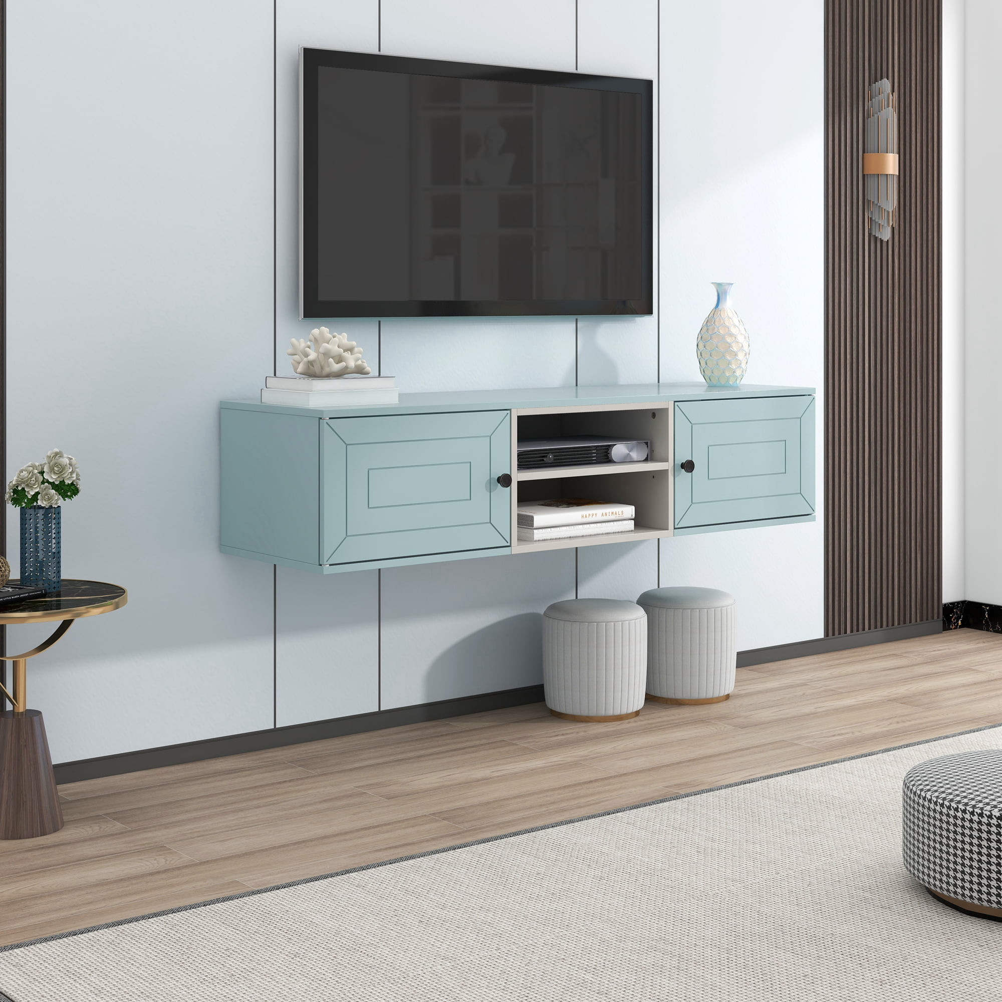 Resenkos Floating TV Stand Wall Mounted with Adjustable shelves, Modern High Gloss Entertainment Center for 70Inch TVs, Blue Resenkos Floating TV Stand Wall Mounted with Adjustable shelves, Modern High Gloss Entertainment Center for 70Inch TVs, Blue