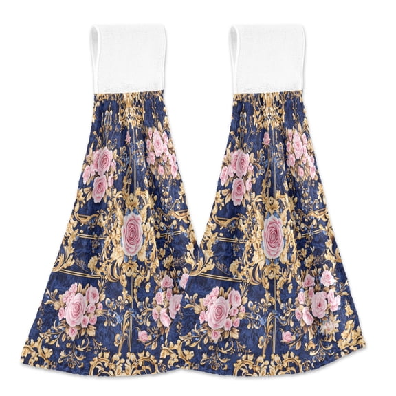 BZSMCE Hanging Hand Towels Fashion Floral Damask Pattern 2-Pack - Velcro Style Bathroom Kitchen Towels