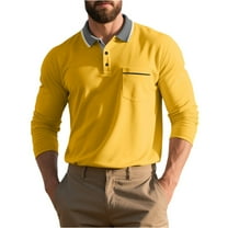Resicozy Mens Long Sleeve Polo Shirts Classic Casual Button Solid Color Lightweight Collared Golf Shirt with Pocket Yellow 2XL