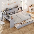 thumbnail image 3 of Wooden L-Shaped Full Size Daybed with 2 Drawers and Storage 3 Cabinets, Multi-functional Day Bed Frame with Bookshelf and Study Desk for Bedroom Guest Room, Gray, 3 of 15