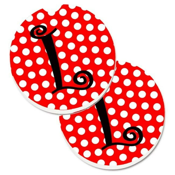Letter L Initial Monogram Red & Black Polka Dots Set of 2 Cup Holder Car Coaster