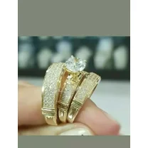 Aishvi Jewels 14k Yellow Gold Plated Round Cut Lab Created Trio His Her Bridal Set Engagement Ring Wedding Band