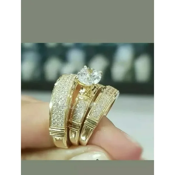 Aishvi Jewels 14k Yellow Gold Plated Round Cut Lab Created Trio His Her Bridal Set Engagement Ring Wedding Band