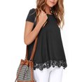 thumbnail image 4 of Camiseta de mujer Jumpingount Color sólido Suelta Top básico Encaje Dobladillo hueco Manga corta Blusa de cuello Negro AP003619-02, 4 of 6