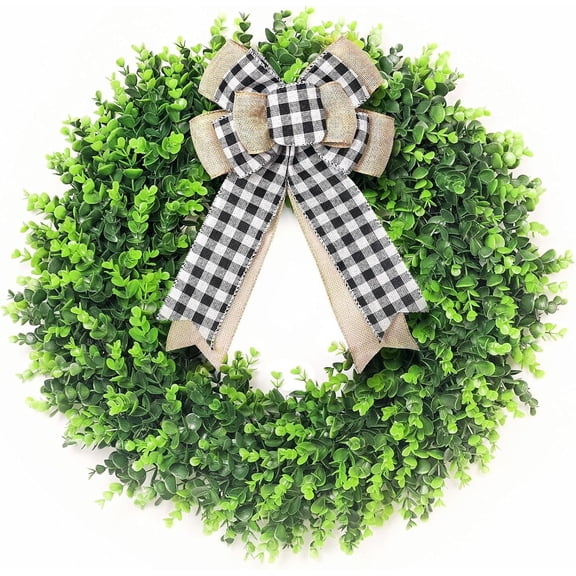 24-26'' Large Boxwood Wreath for Front Door, Porch, Window - Foldable Greenery Boxwood Wreaths for Farmhouse Wedding Indoor Outdoor Decor (with Bow)