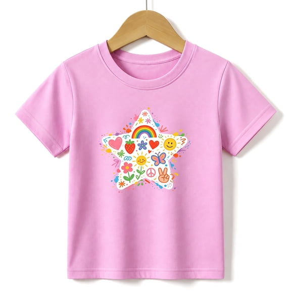 Girls Graphic Tees Cute Star Kids T Shirt Retro Rainbow 100% Cotton Short Sleeve Soft Tops 4-13Y Pink