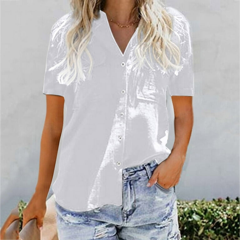 YYDGH Womens Short Sleeve Button Down Shirt Collared V Neck Tops Summer  Solid Color Shirts Blouses White M