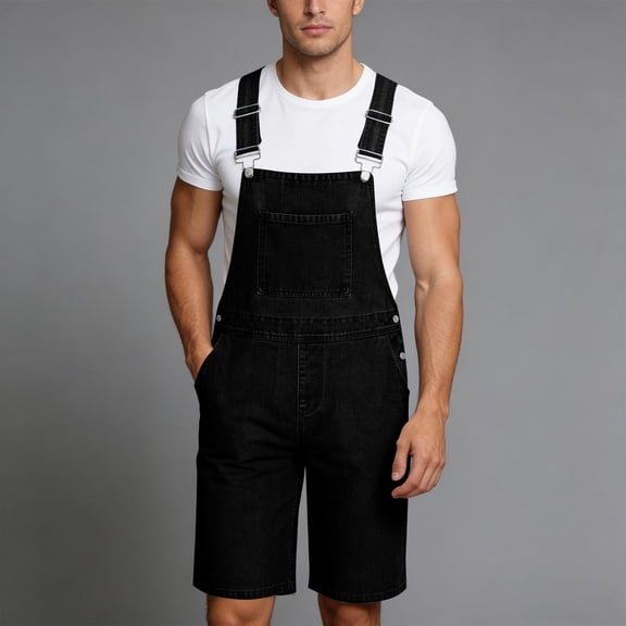Ceisia Men's Chest Pocket Washed Denim Bib Overalls Shorts Casual Suspender Cargo Shorts Pants Gifts for Father Black 2X