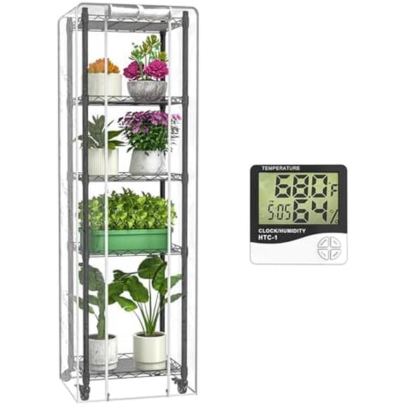 Mini 5-Tier Greenhouse for Indoor Outdoor , 15.7" L×11.8" W×62.3" H Portable Greenhouse with Clear PVC Cover and Metal Shelf for Growing Vegetables, Flowers and Seedlings, with Wheels$$Garden & Patio