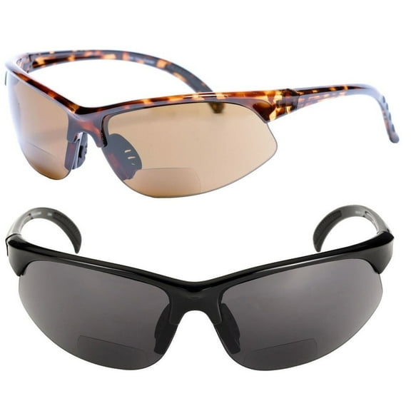 2 Pair of Unisex Bifocal Sport Wrap Sunglasses - Outdoor Reading Sunglasses - Black/Tortoise - 3.00