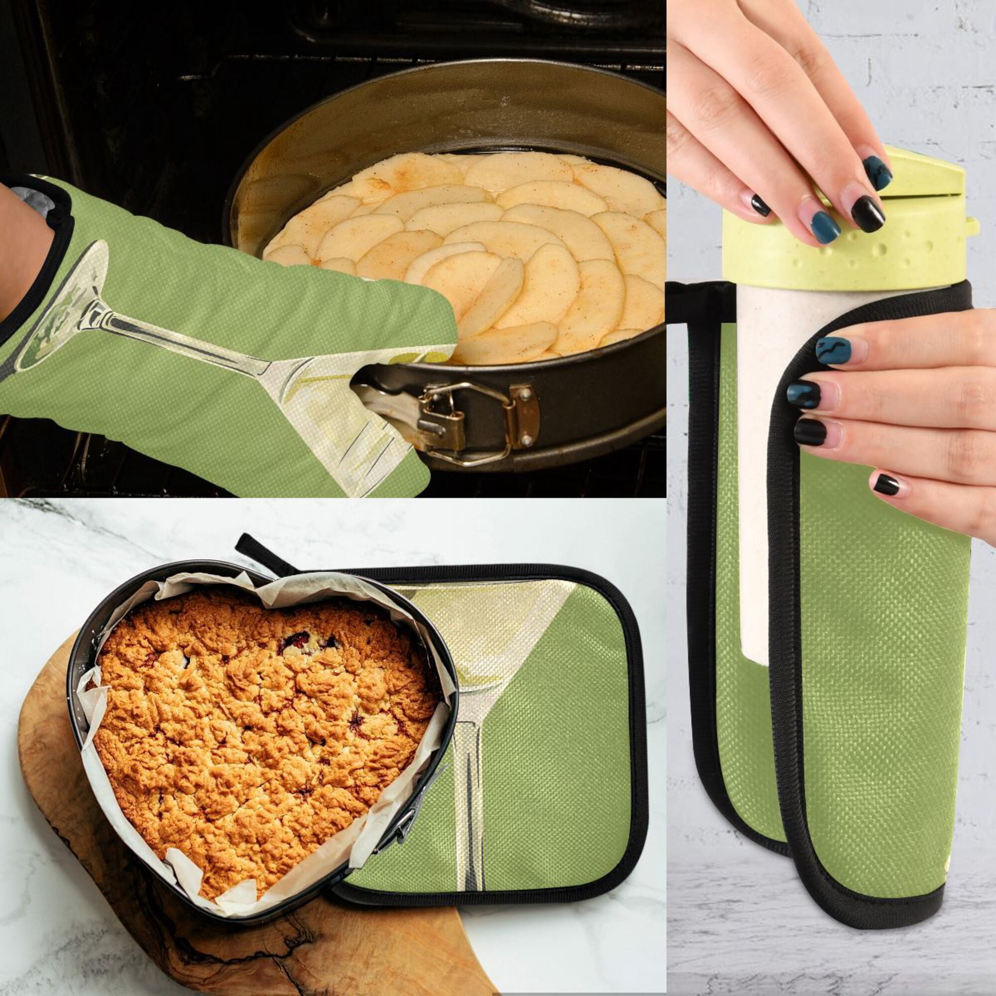 Yayeee Oven Mitts and Pot Holder Set of 4 Heat Resistant Kitchen Gloves Baking Hot Pad, Martini with Olive