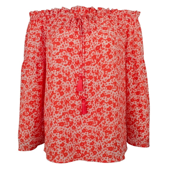 Women's Patterned Off-The-Shoulder Bell Sleeve Tassel Top-W-XS