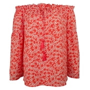 Women's Patterned Off-The-Shoulder Bell Sleeve Tassel Top-W-XS