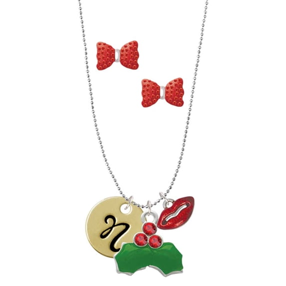 Delight Jewelry Goldtone Large Disc Letter - N - 3/4'' Christmas Kiss Charm Necklace and Stud Earrings