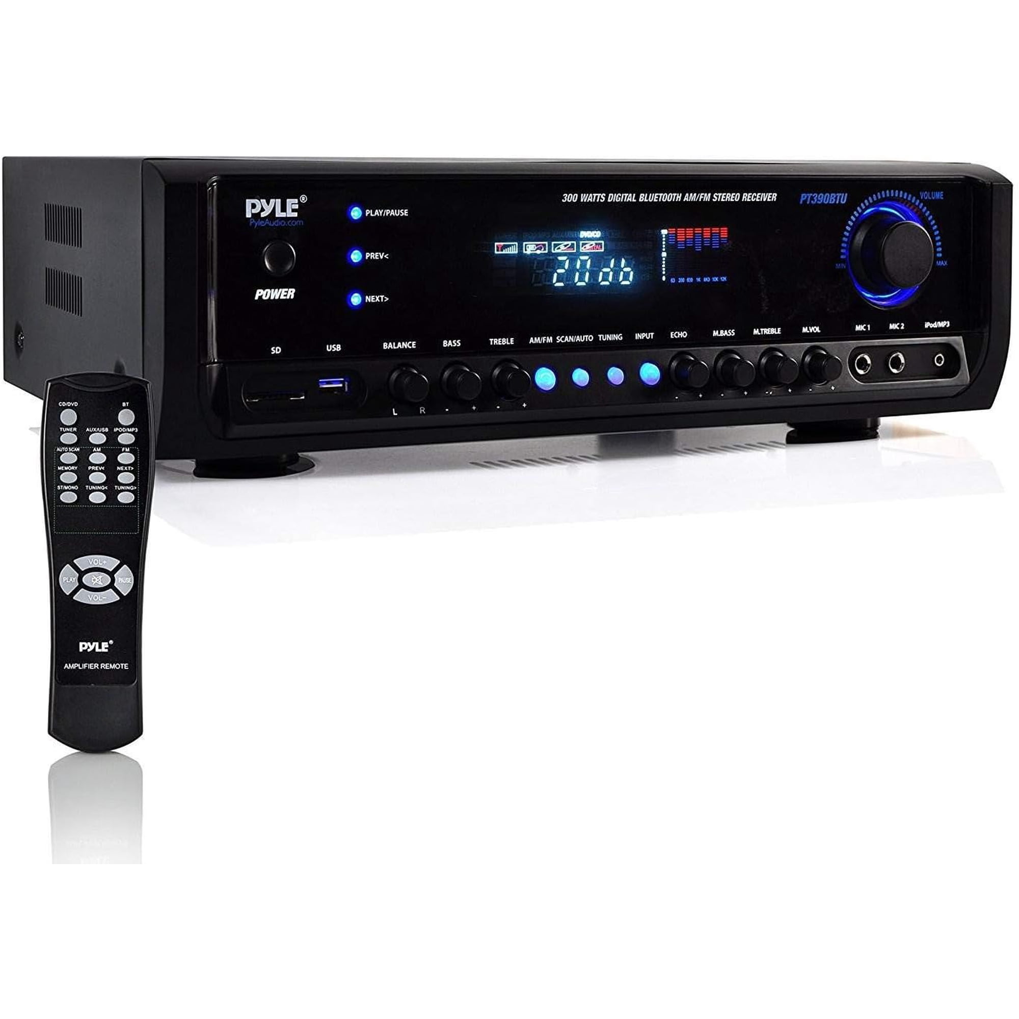 PYLE PT390BTU - Digital Home Theater Bluetooth Stereo Receiver, Aux (3.5mm) Input, MP3/USB/SD/AM/FM Radio, (2) Mic Inputs (300 Watt)