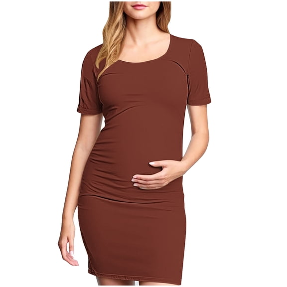 Zwiiyzr 2025 Women's Maternity Dress Solid Color Slim Short Sleeve Tank Dresses Scoop Neck Pregnancy Bodycon Dress for Casual Wear Coffee