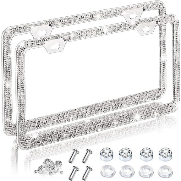 Casewin License Plate Frame, Crystal License Plate Cover, Car License Plate Holder with Rhinestone Crystal Screw Set - 2 Pack
