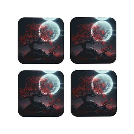

Drink Coasters Set of 4 Moon Starry Sky Red Tree Leather Coasters for Coffee Table Protector Heat Resistant Cute Coasters for Home Decor Housewarming Gifts Bar Kitchen 4 Inch Square