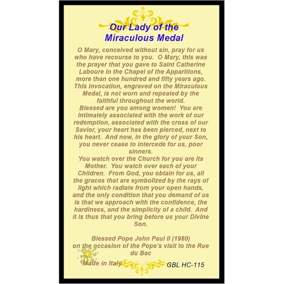 Our Lady of The Miraculous Medal Blessed By His Holiness Laminated Holy Card