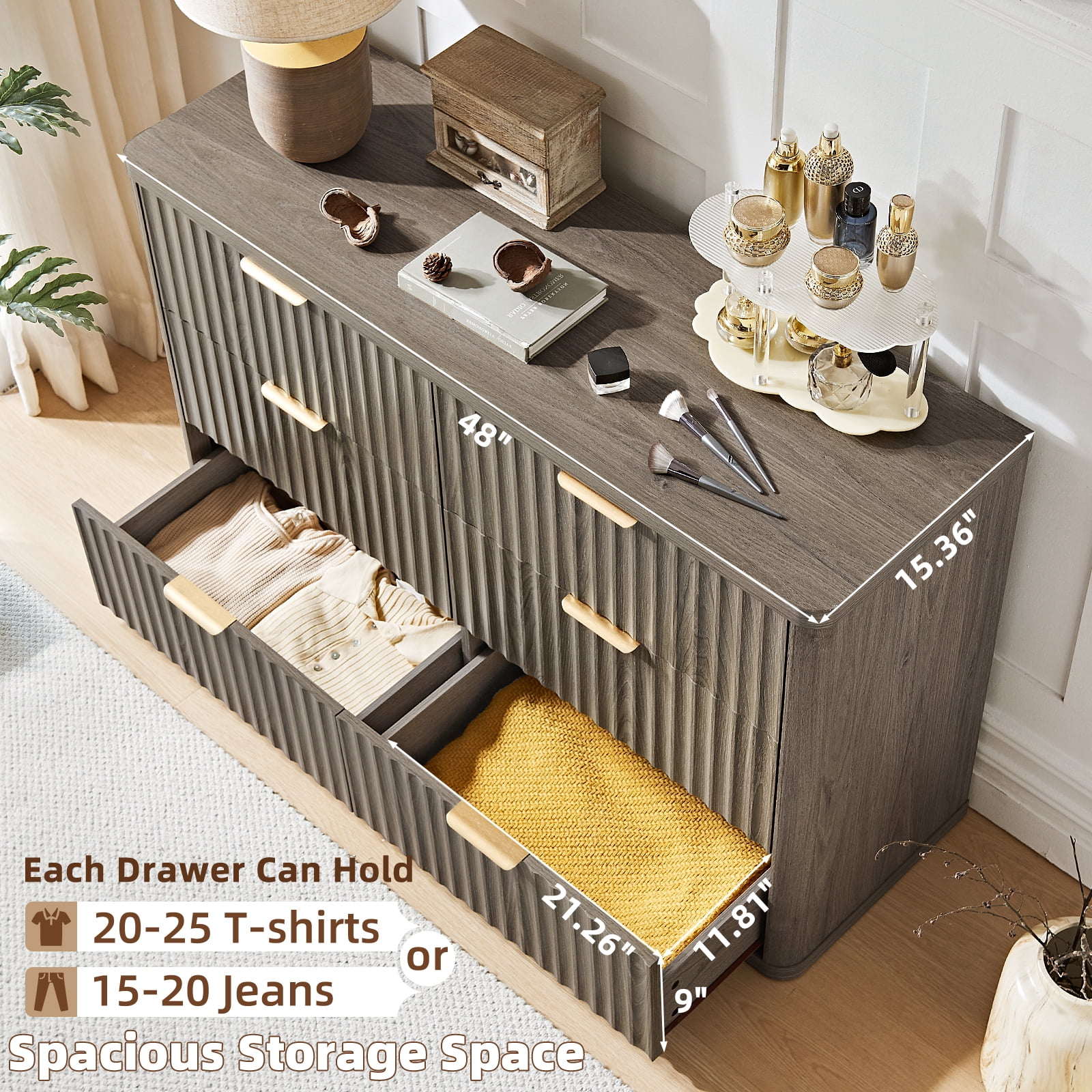 48" Wide 6 Drawer Dresser for Bedroom, Farmhouse Chest of Drawers with Metal Handles, Fluted Wood Storage Cabinet for Living Room, Grey