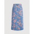 thumbnail image 2 of Womens Multicolor Floral A-Line Denim Midi Skirt With Front Slit, 2 of 8