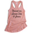 thumbnail image 1 of Raised On Sweet Tea & Jesus Tank Top, Ladies Racerback Tank Top, Christian Tank, Jesus Tank, Religious Tank, Desert Pink, Small, 1 of 3
