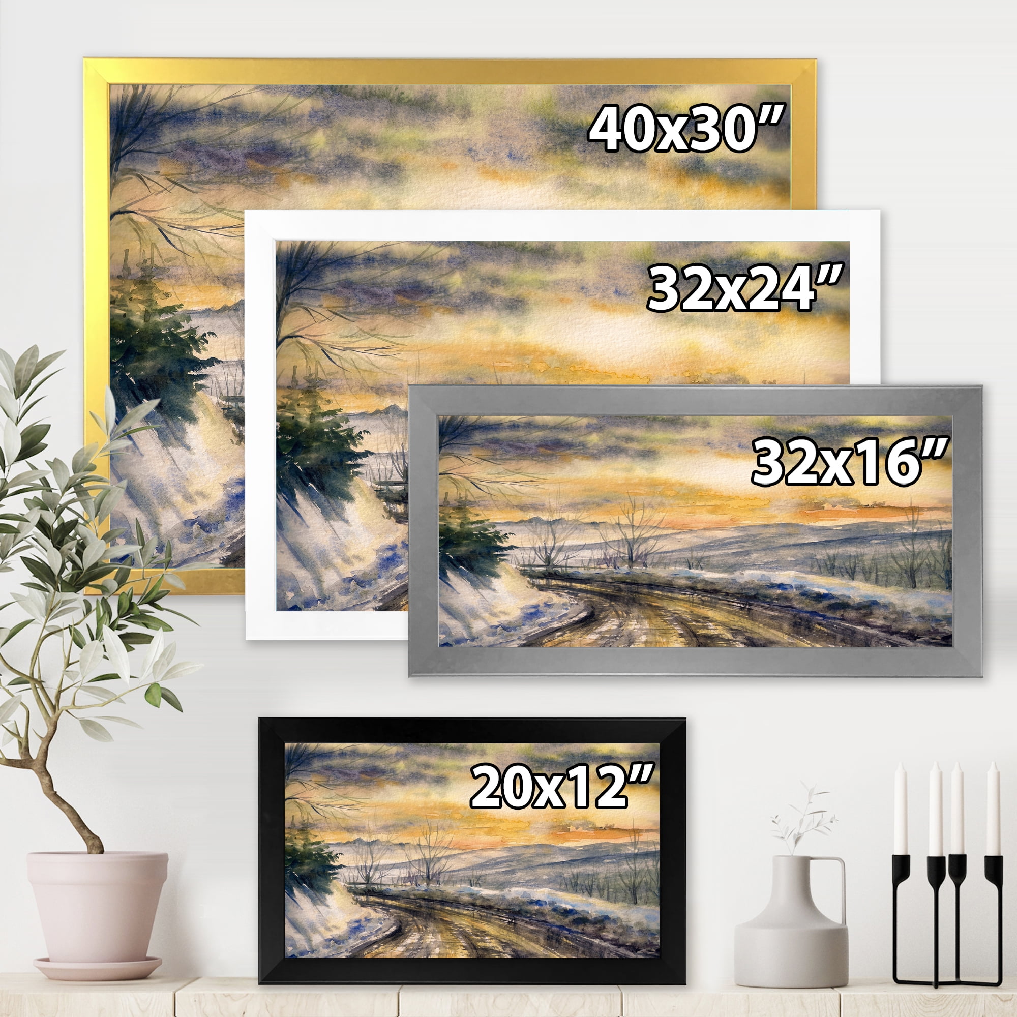 Designart 'Road Under Bright Sunset With Winter Landscape' Traditional Framed Art Print