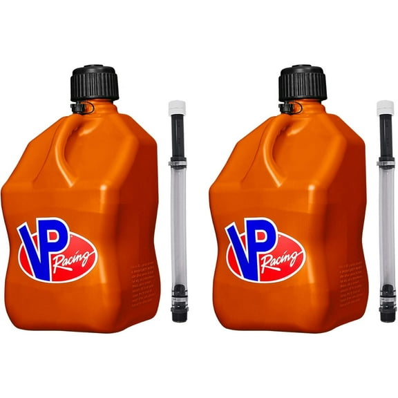 VP Racing Fuels 5 Gallon Square Motorsport Utility Container Orange with 2 Deluxe Filler Hoses (2 Pack)