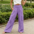 thumbnail image 2 of Ecqkame Women's Cargo Pants Elastic Waist Multi Pocket Loose Straight Leg Pant Outdoor Hiking Workout Casual Comfortable Trousers Purple M, 2 of 7