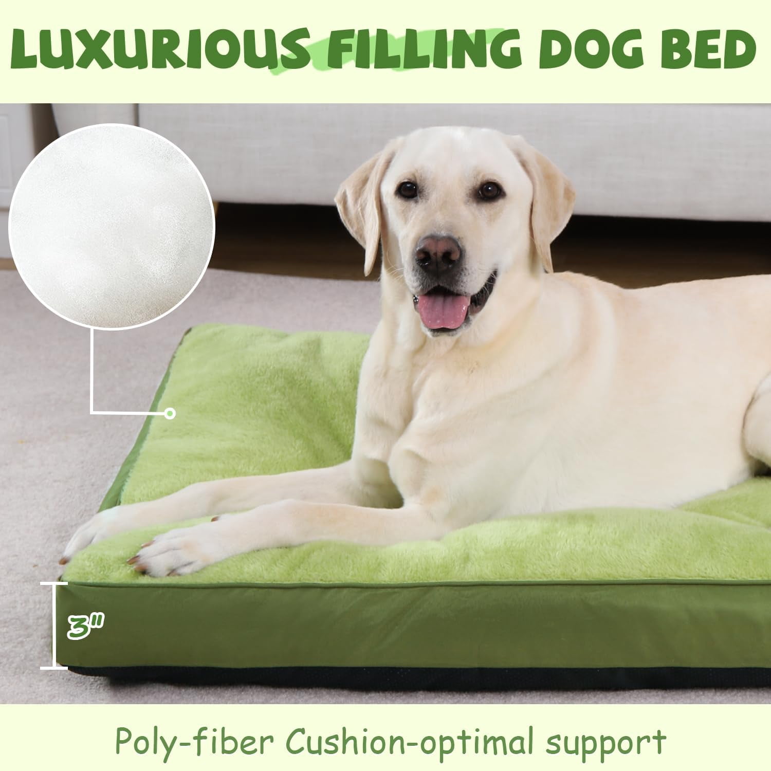 Dog Crate Bed Waterproof Deluxe Plush Dog Beds with Removable Washable Cover Anti-Slip Bottom Pet Sleeping Mattress for Large, Medium, Jumbo, Small Dogs, 41 x 27 inch, Green