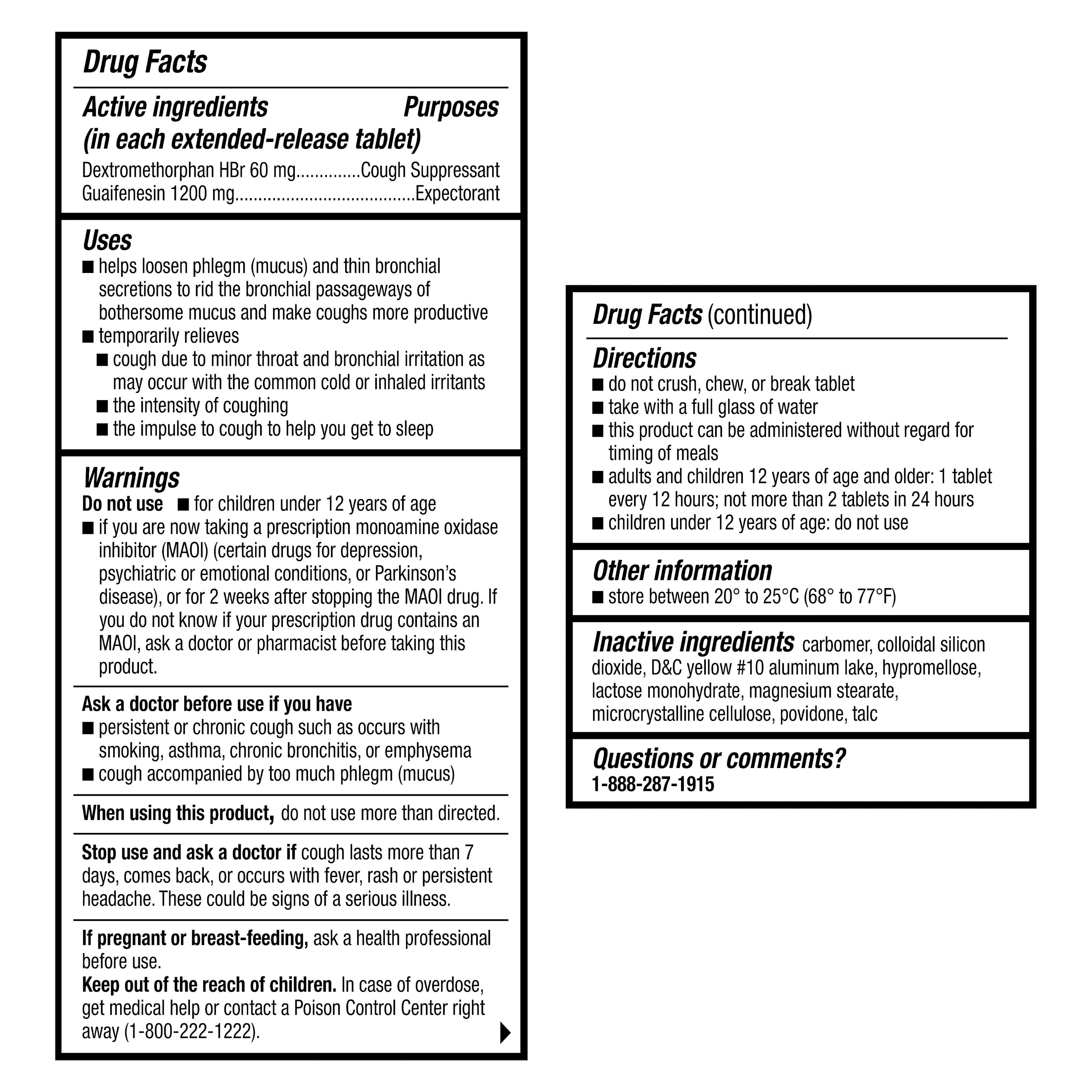 Equate, Maximum Strength, Extended Release Dextromethorphan HBr 60 mg, Guaifenesin 1200 mg Cough & Cold, Allergy Medicine Tablets for Cough Mucinex®
