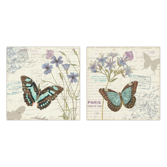 Off-White and Teal Paris Floral and Butterfly Adult Decor; 2 - 12" x 12" Unframed Posters