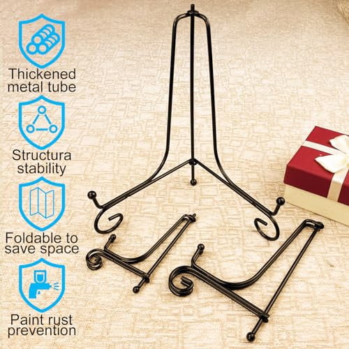 Set of 6 Black Iron Plate Display Stands in 3 Sizes (4, 6, 8 Inch) - Versatile Metal Easel Holders for Plates, Pictures, Books, Cards, Plaques, and Bowls