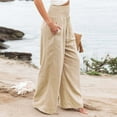 thumbnail image 2 of vigerkar Linen Pants Women Summer Smocked High Waisted Wide Leg Palazzo Pants Casual Ruffle Flowy Beach Pants with Pockets Beige, S, 2 of 9