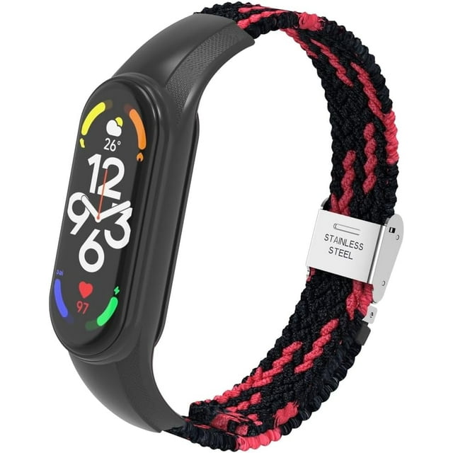 correa de silicón y nylon + hebilla unisex para smart watch de xiaomi compatible con de mi band 7 / 6 / 5 / 12 multicolor, vista 3/4 con módulo Mi Band instalado; correa trenzada negra con hilos rojos y rosa, hebilla de acero inoxidable marcada 'stainless steel', ajustable hasta 230 mm (23 cm), flexible y transpirable y adecuada como pulsera de reemplazo para Mi Band.