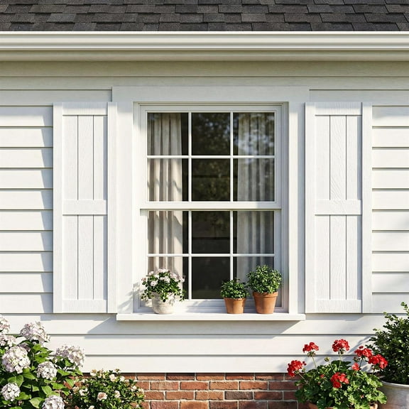 Demi Bonn Exterior Window Shutters - Vertical stripes, Weather-Resistant Polypropylene, Easy DIY Install - Louver Shutters for Windows Outside, Vinyl, Brick, 14"W*25" H, White