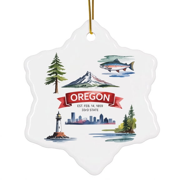 Personalized State Ornament – Ceramic Christmas Decoration with Name – Vintage Holiday Keepsake Featuring Icons of Oregon State Themes & Landmarks – Ceramic Snowflake Ornament 217OR37