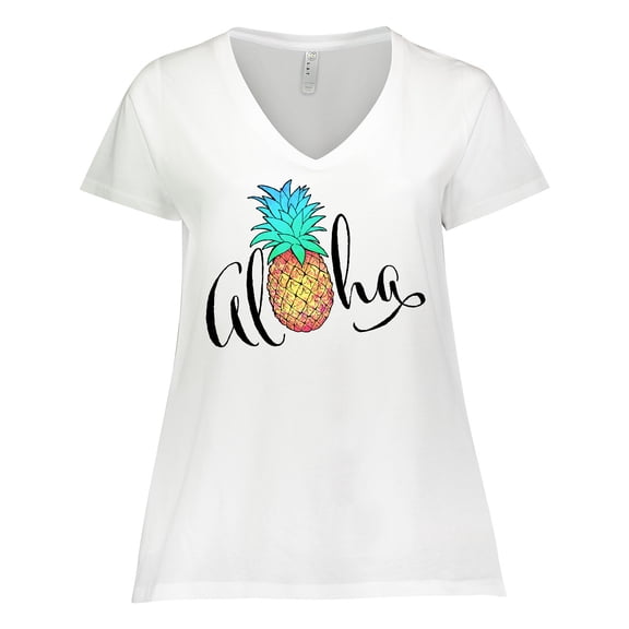 Inktastic Aloha- in cursive with pineapple rainbow colors Women's Plus Size V-Neck T-Shirt